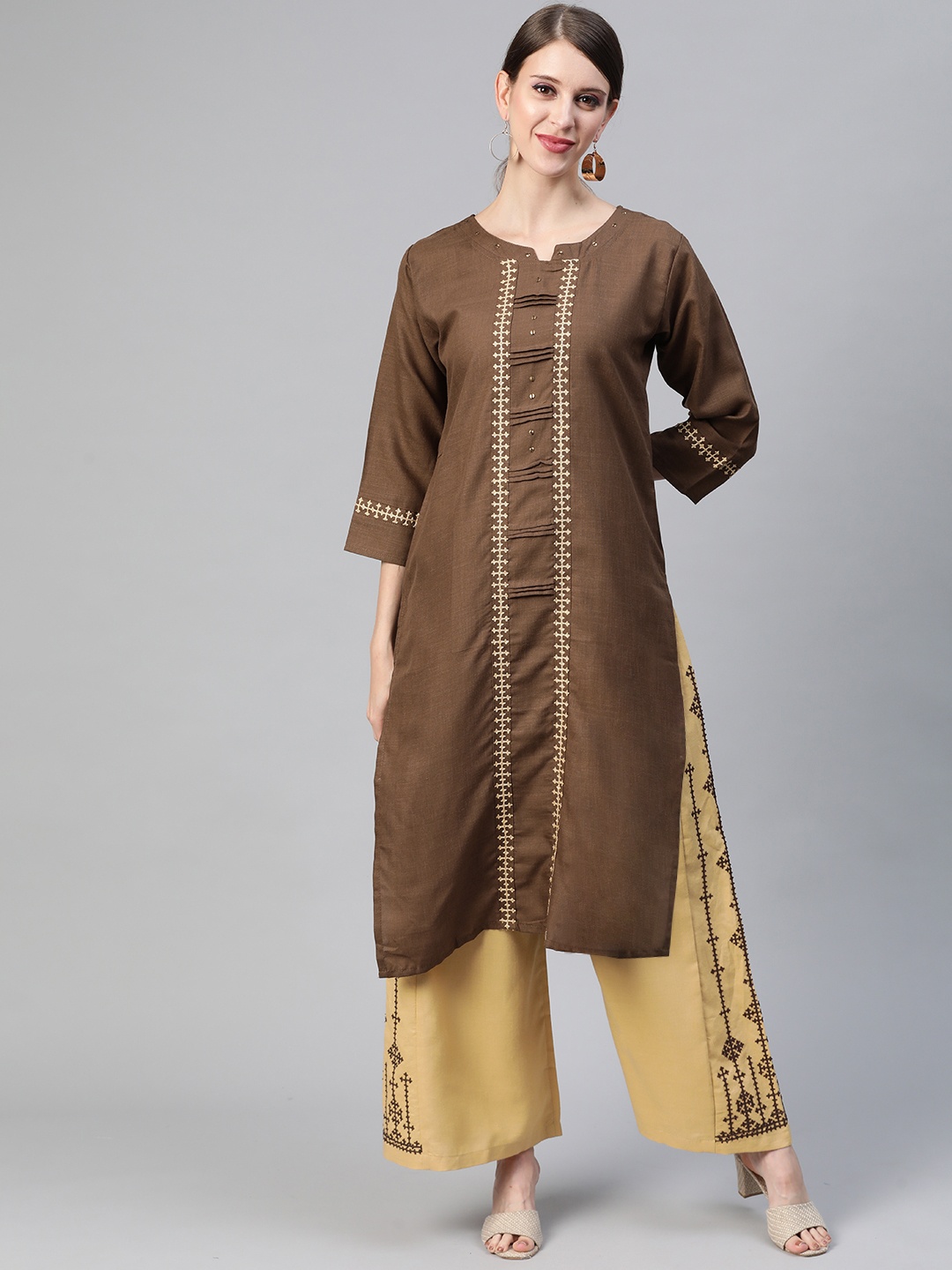 

AHIKA Women Brown & Beige Ethnic Motifs Embroidered Kurta with Palazzos