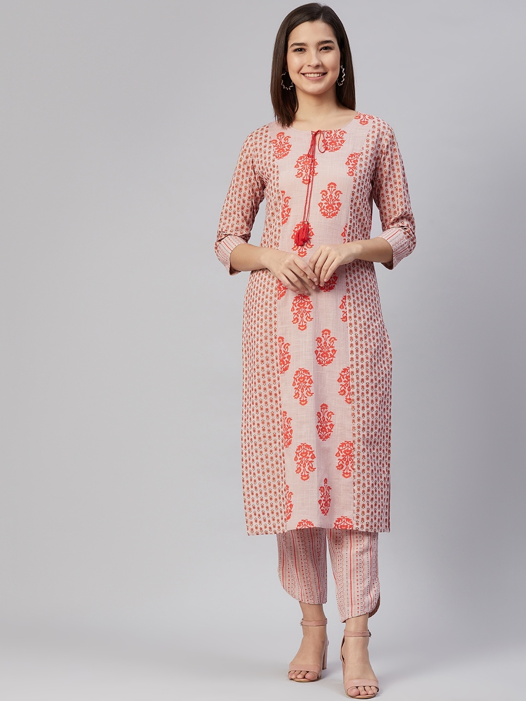 

AHIKA Women Pink & Orange Ethnic Print Panelled Cotton Kurta with Trousers