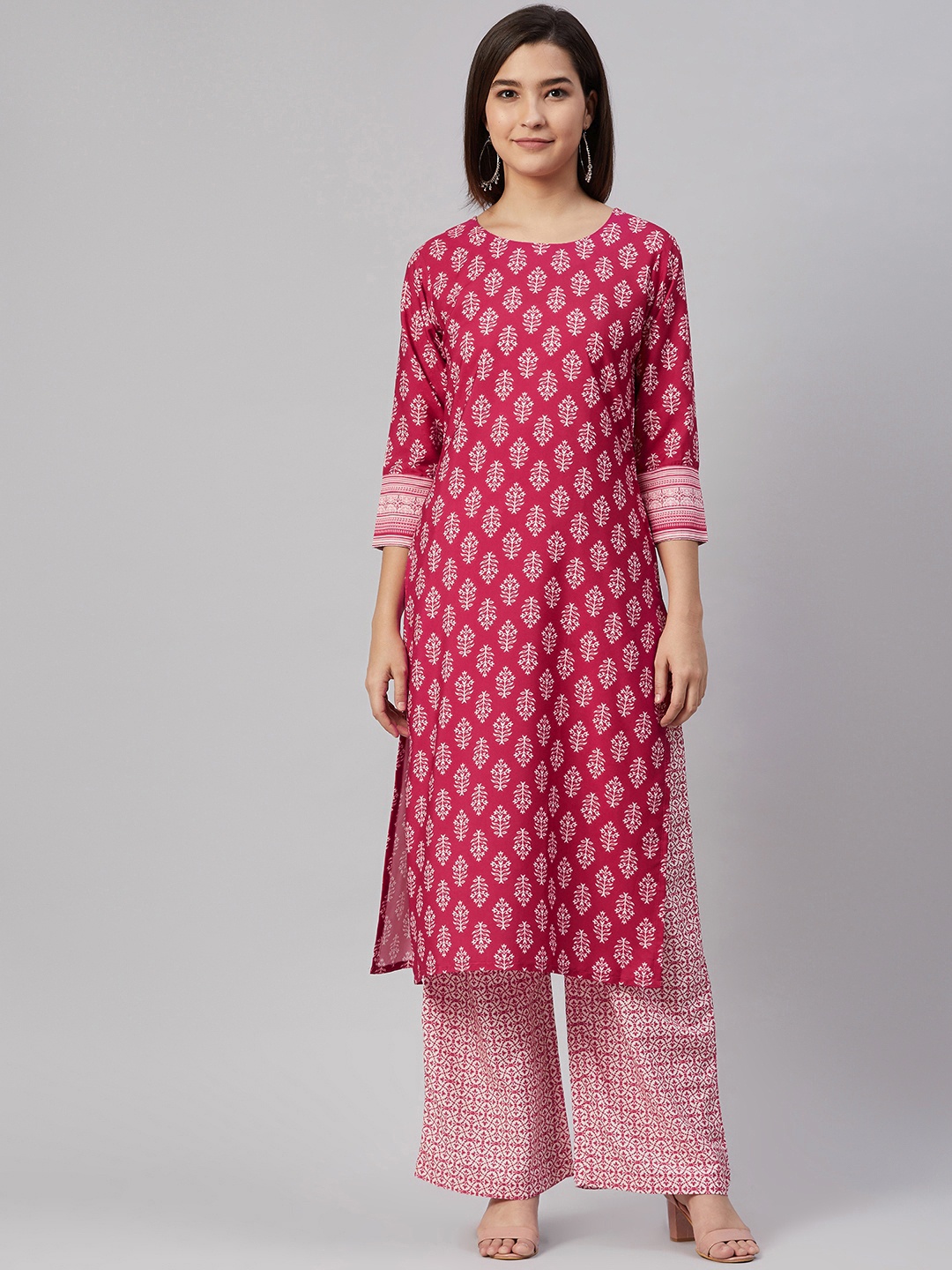 

AHIKA Women Pink & White Ethnic Motifs Printed Kurta with Palazzos