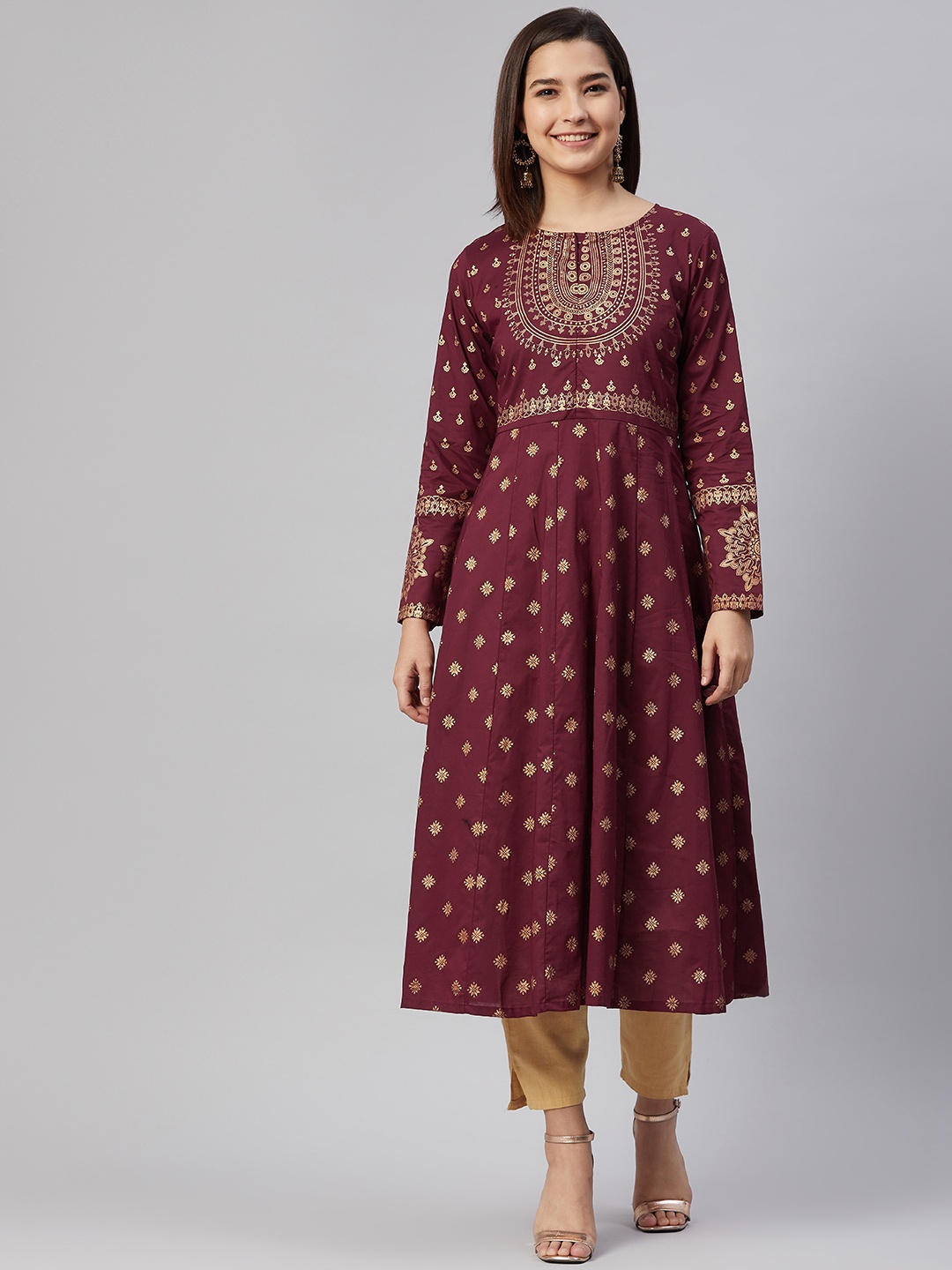 

AHIKA Women Maroon & Gold Pure Cotton Ethnic Motifs Printed Anarkali Kurta