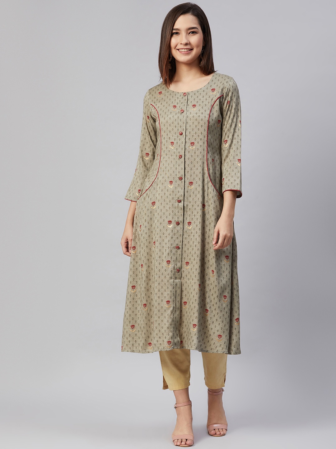 

AHIKA Women Grey & Maroon Ethnic Motifs Printed Pure Cotton Kurta