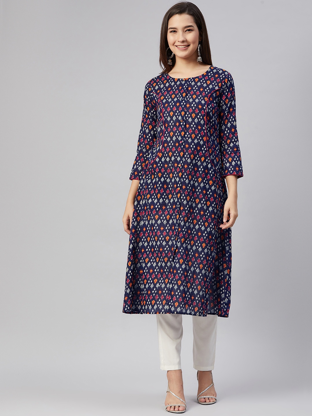 

AHIKA Women Navy Blue & Yellow Ethnic Motifs Printed Pure Cotton Indigo Kurta