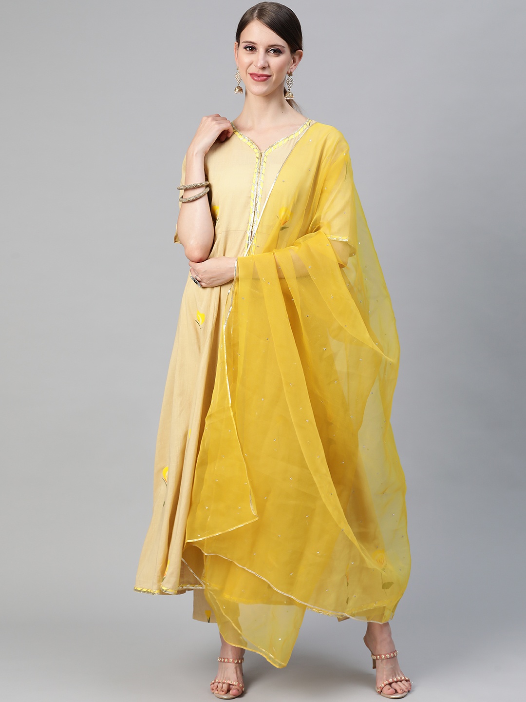 

AHIKA Women Beige & Yellow Floral Printed Pure Cotton Kurta with Trousers & With Dupatta