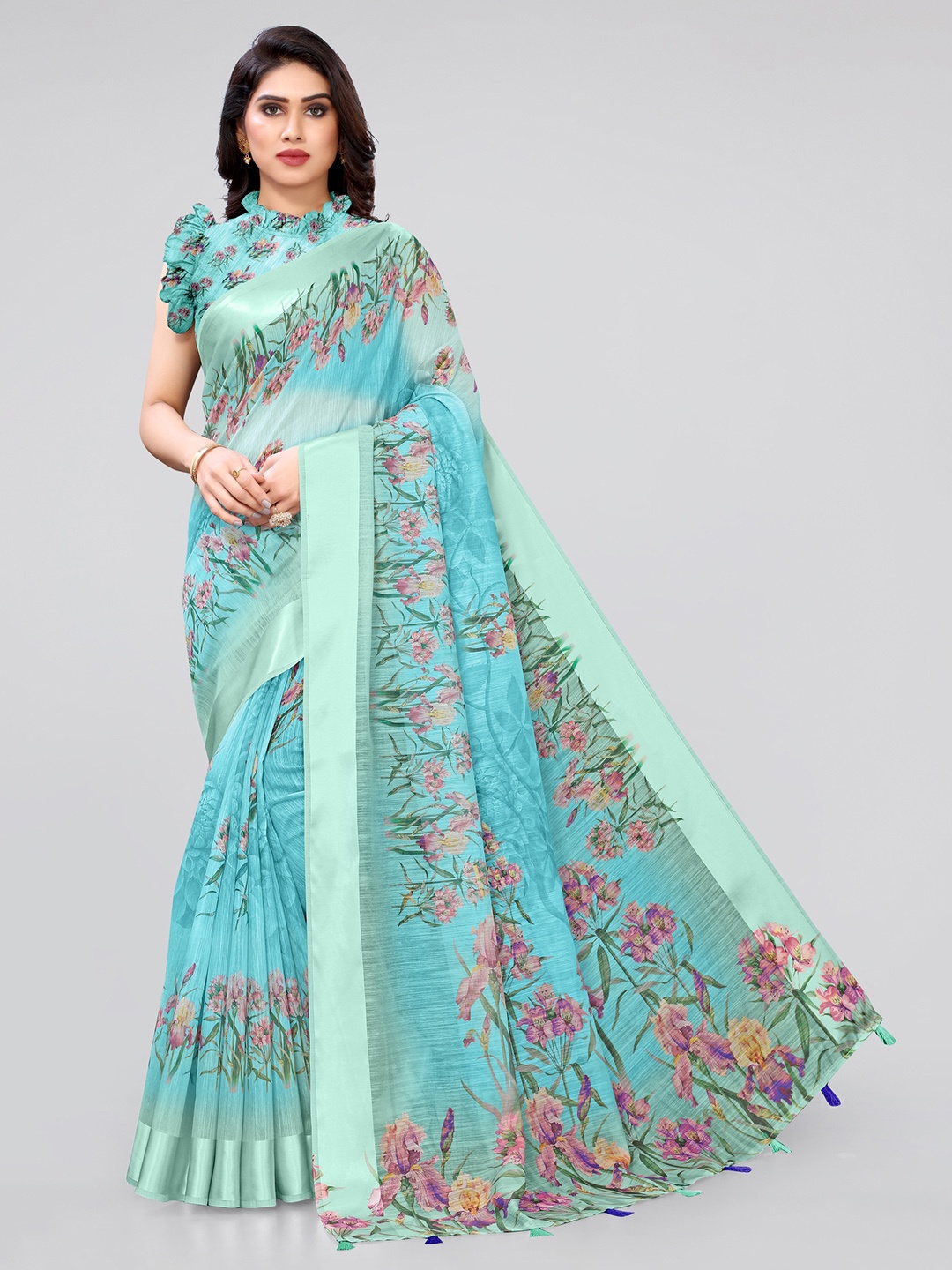 

KALINI Teal Blue & Grey Floral Printed Bagh Cotton Saree