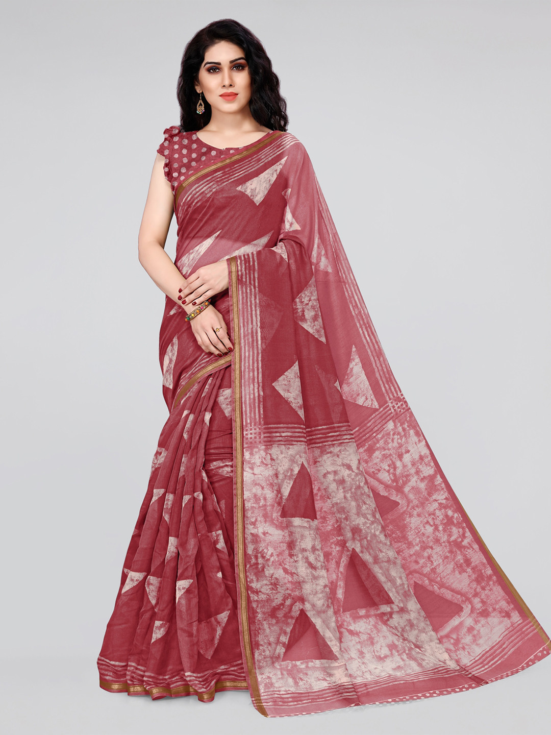 

KALINI Pink & Green Block Print Poly Cotton Saree