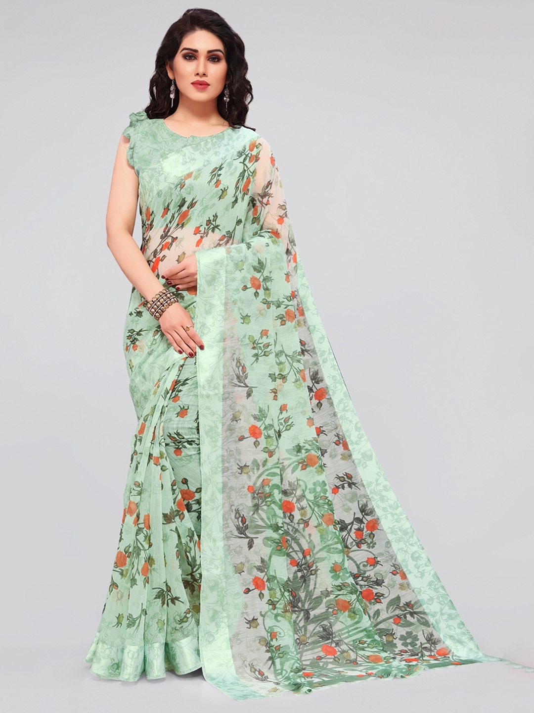 

KALINI Green & Orange Floral Bagh Saree