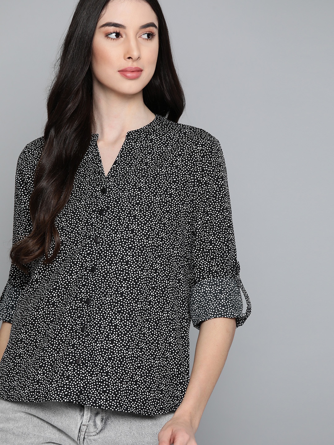

Harvard Women Black & White Printed Casual Shirt