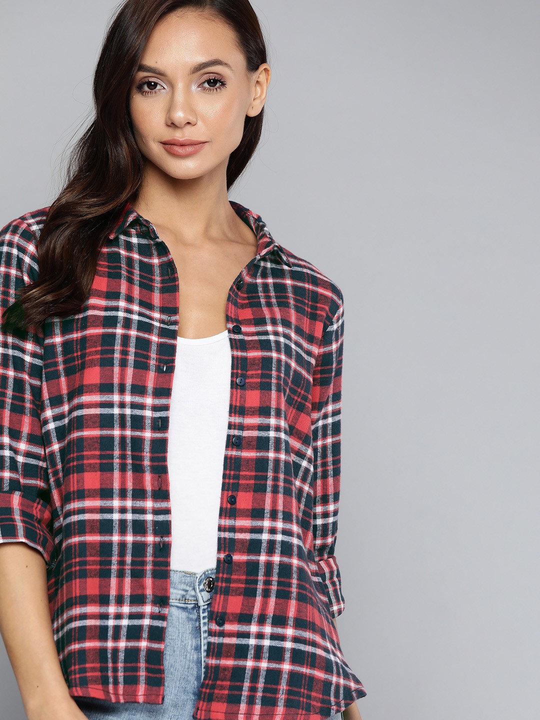

Harvard Women Red & Blue Pure Cotton Checked Casual Shirt