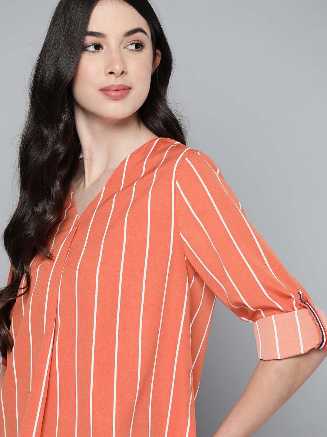 

Harvard Orange & White Striped Roll-Up Sleeves Top