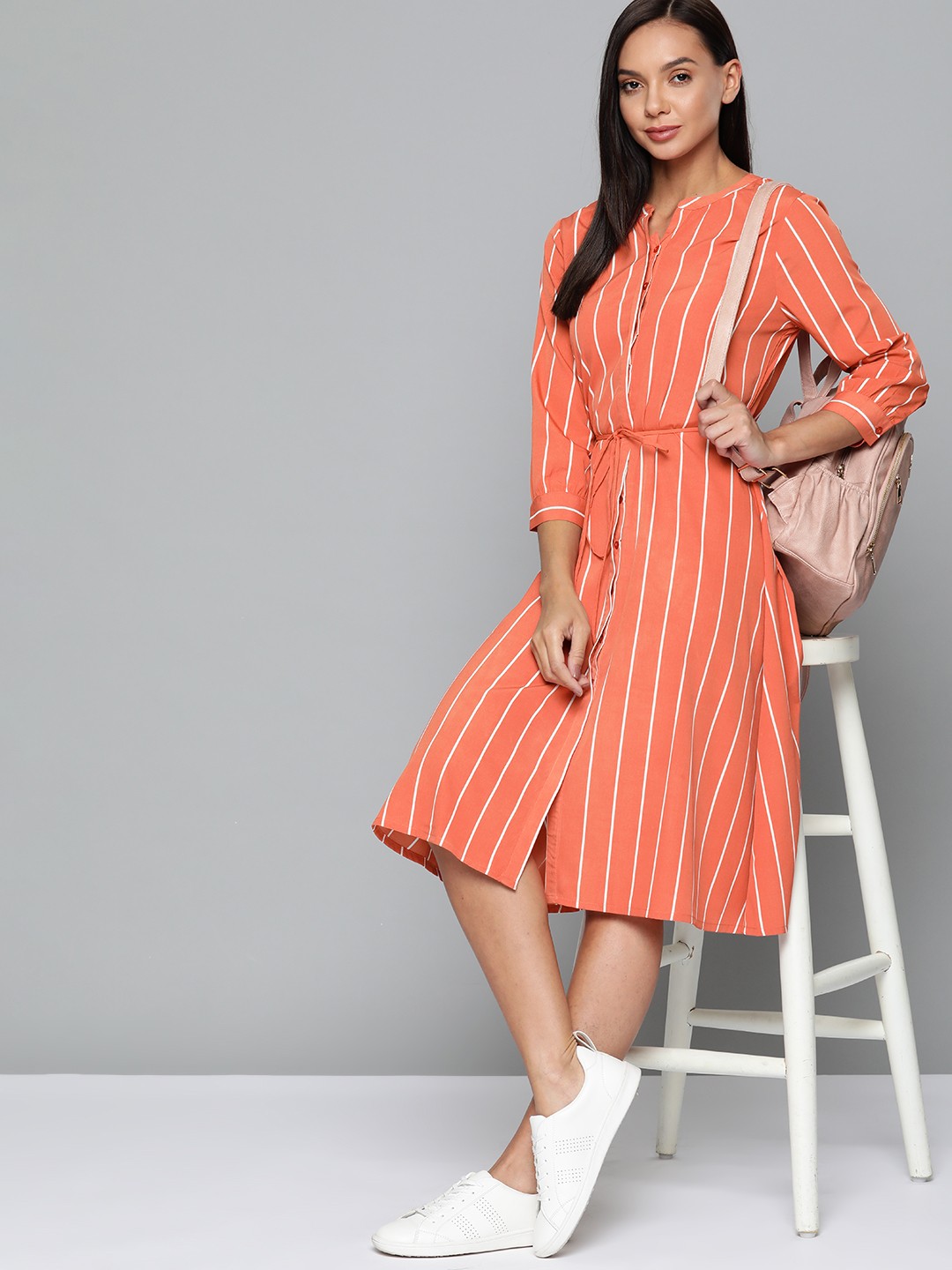 

Harvard Women Coral & White Striped Shirt Midi Dress