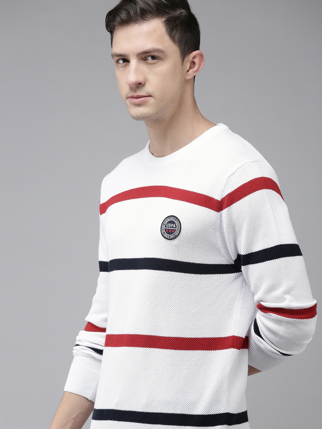 

U S Polo Assn Men White & Red Striped Pure Cotton Pullover Sweater
