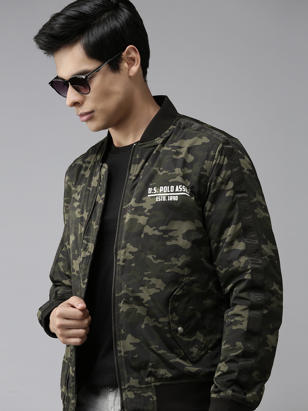 

U.S. Polo Assn. Men Olive Green Black Camouflage Bomber Jacket