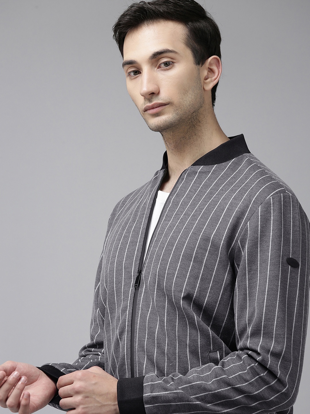 

U.S. Polo Assn. Men Grey & Off-White Striped Bomber Jacket
