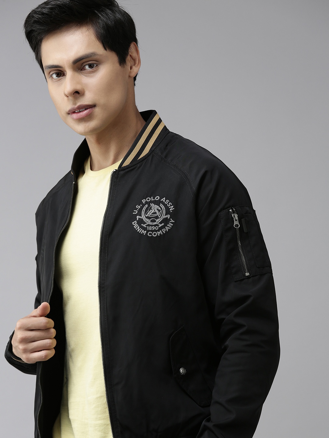 

U S Polo Assn Denim Co Men Black Brand Logo Biker Jacket