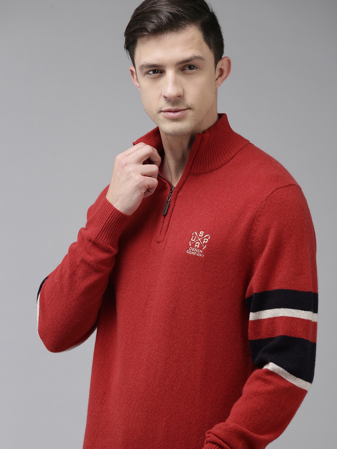 

U S Polo Assn Denim Co Men Red Solid Mock-Collar Pullover Sweater With Contrast Detail