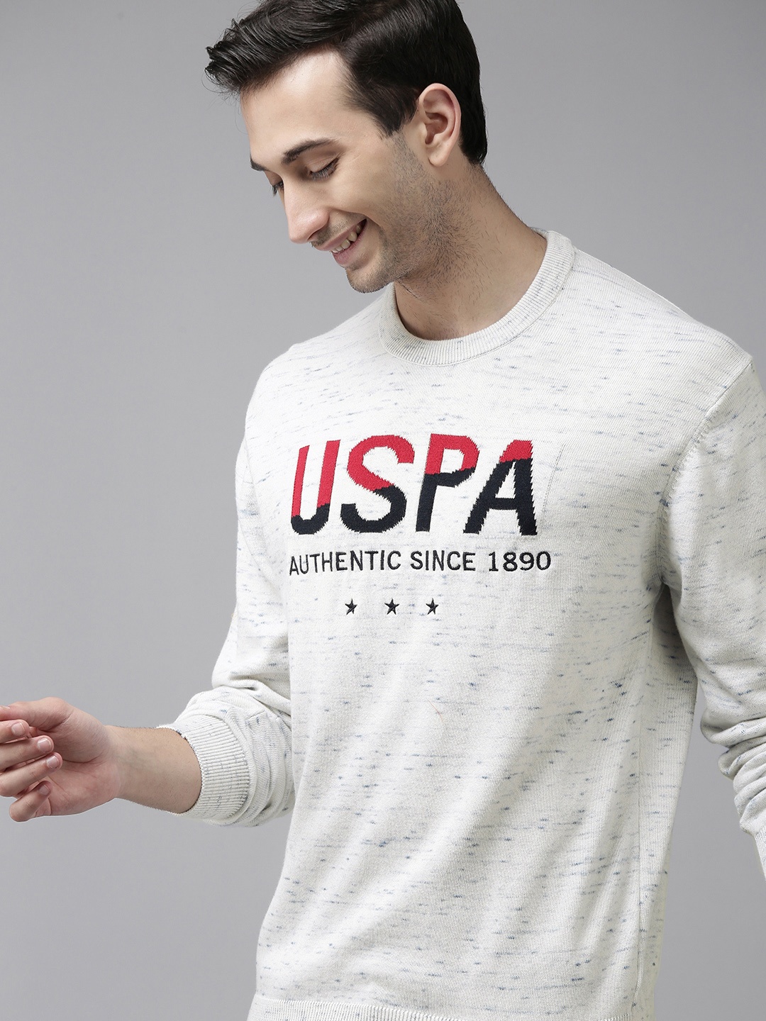 

U S Polo Assn Men White Melange Effect Brand Logo Printed Pullover Sweatshirt