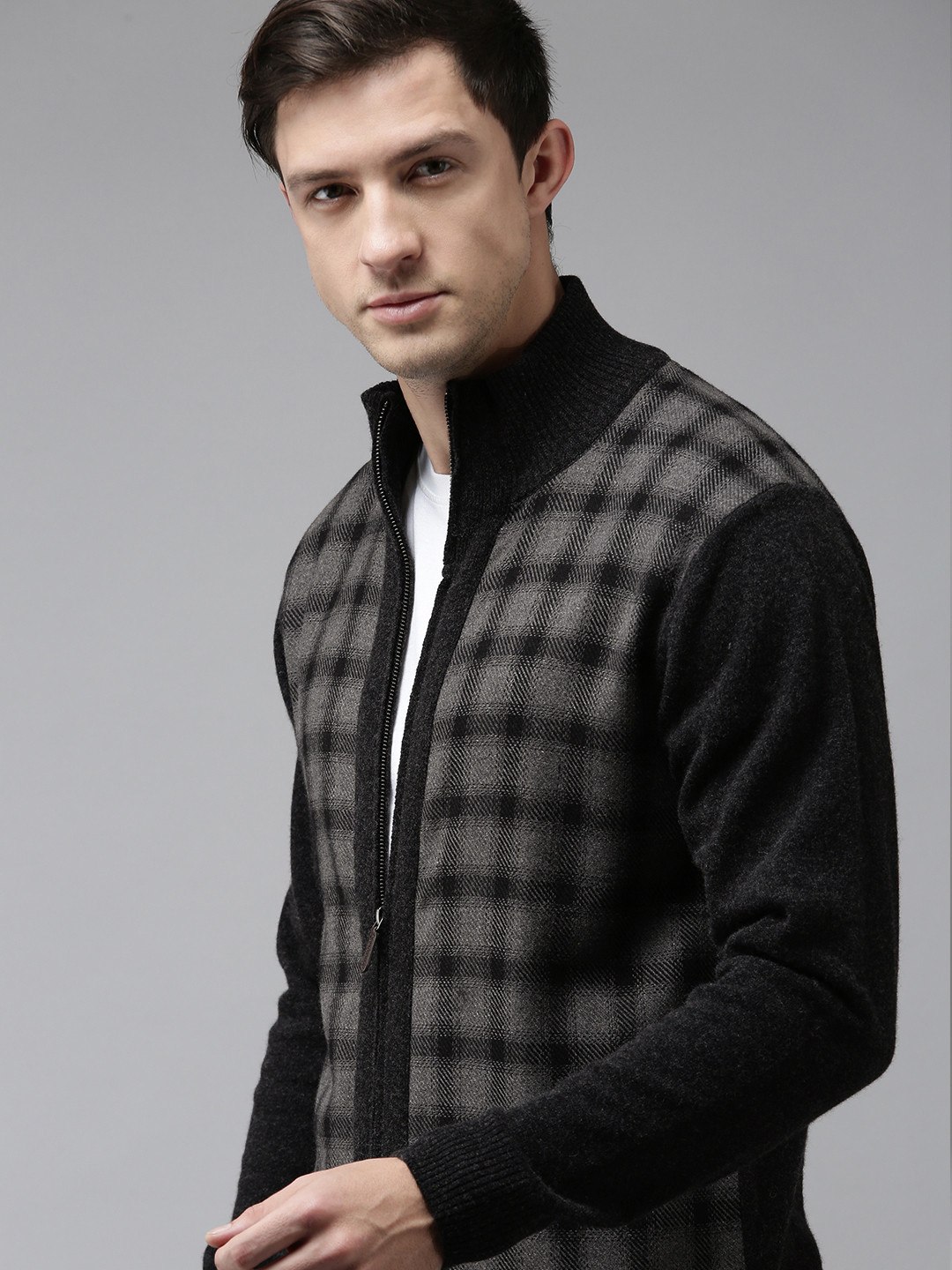 

U S Polo Assn Men Grey & Black Checked Cardigan