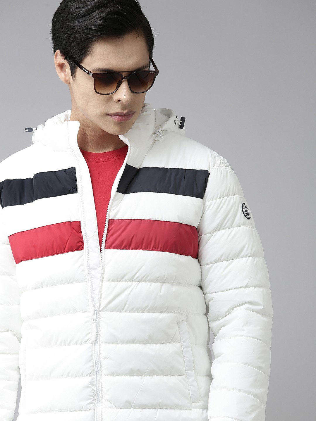 

U.S. Polo Assn. Men White & Red Striped Hooded Padded Jacket