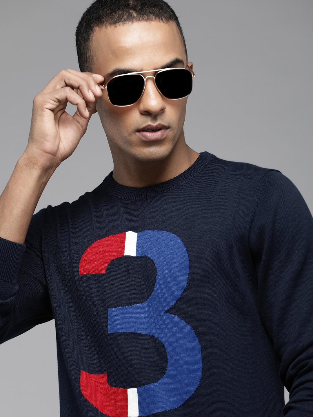 

U S Polo Assn Men Navy Blue Typography Printed Pure Cotton Pullover Sweater