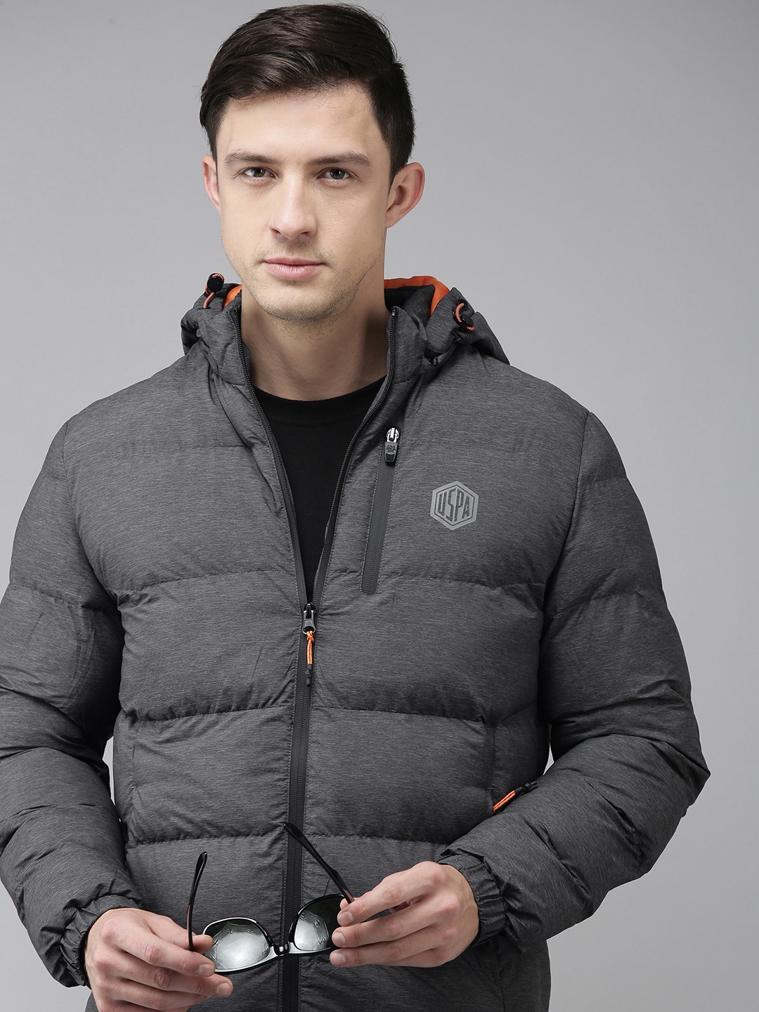 

U S Polo Assn Denim Co Men Grey Solid Heating Puffer Jacket With Detachable Hood