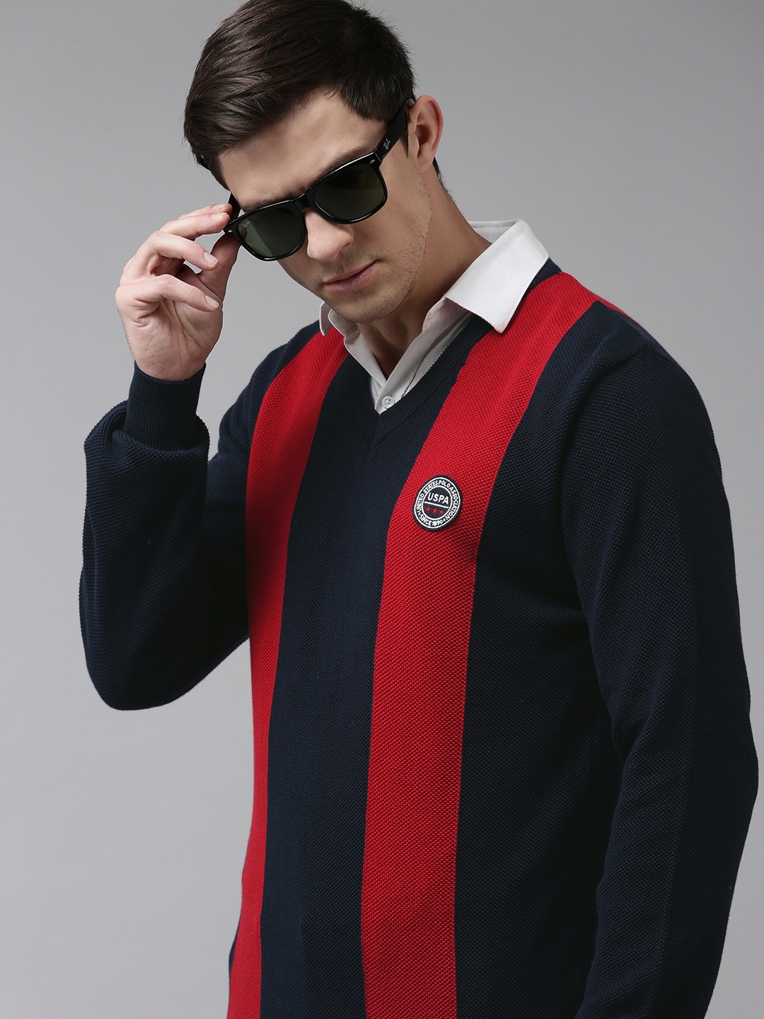 

U S Polo Assn Men Navy Blue & Red Colourblocked V Neck Pullover Sweater