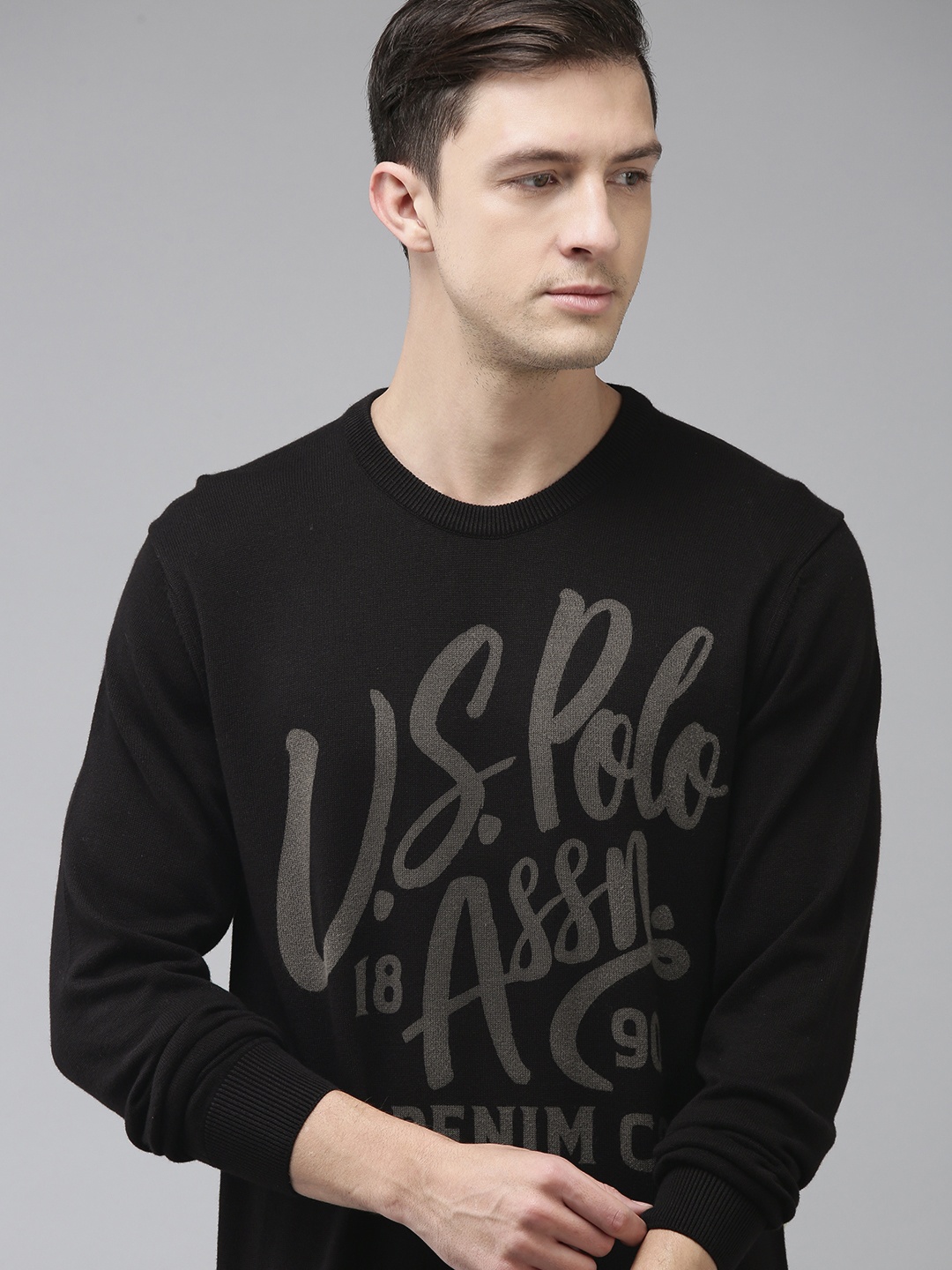 

U S Polo Assn Denim Co Men Black & Grey Typography Printed Pullover Sweater