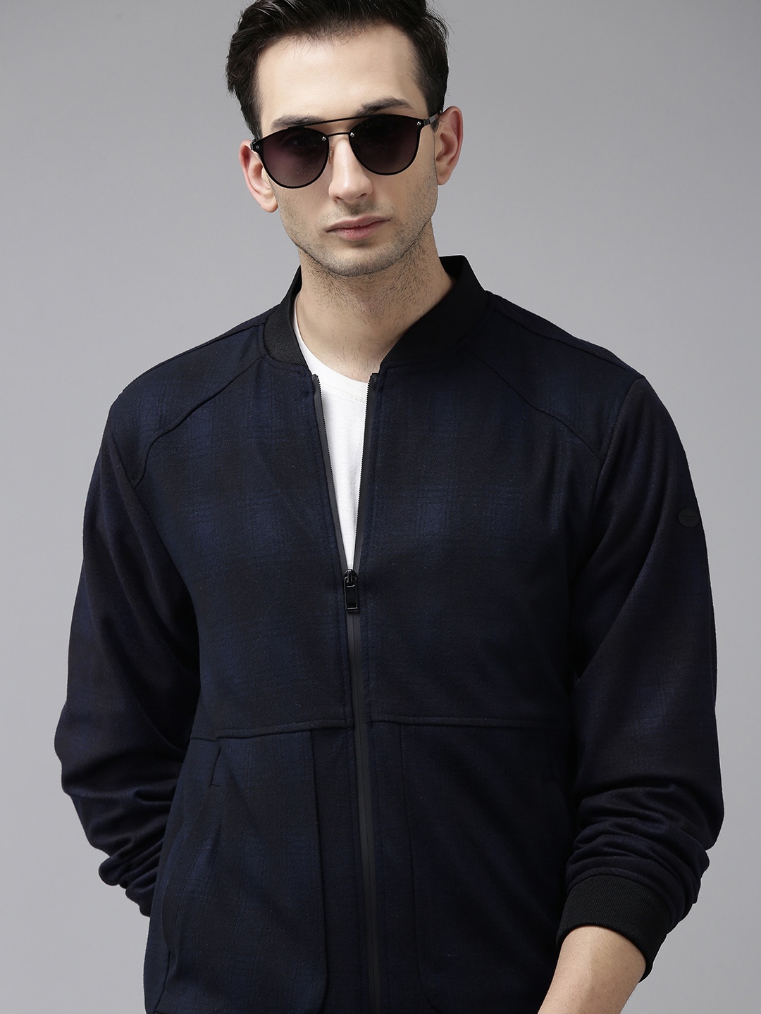 

U S Polo Assn Men Navy Blue Yarn Dyed Checked Mandarin-Collar Bomber Jacket