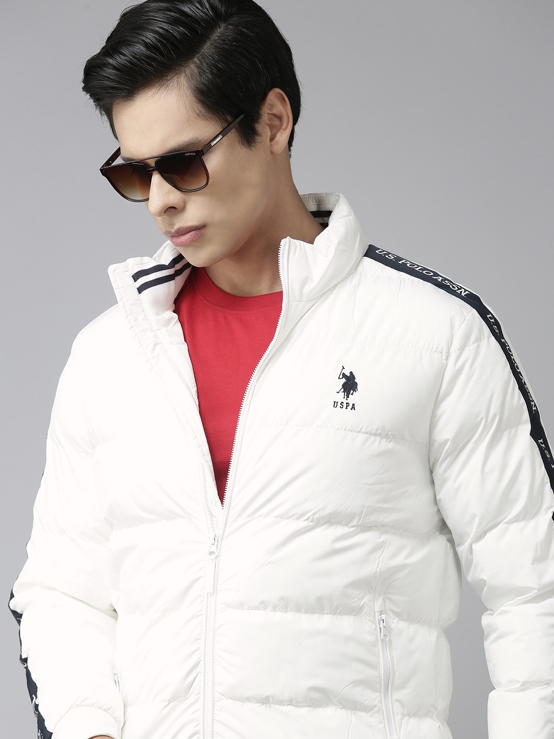 

U S Polo Assn Men White Brand Logo Colourblocked Windcheater and Water Resistant Puffer Jacket