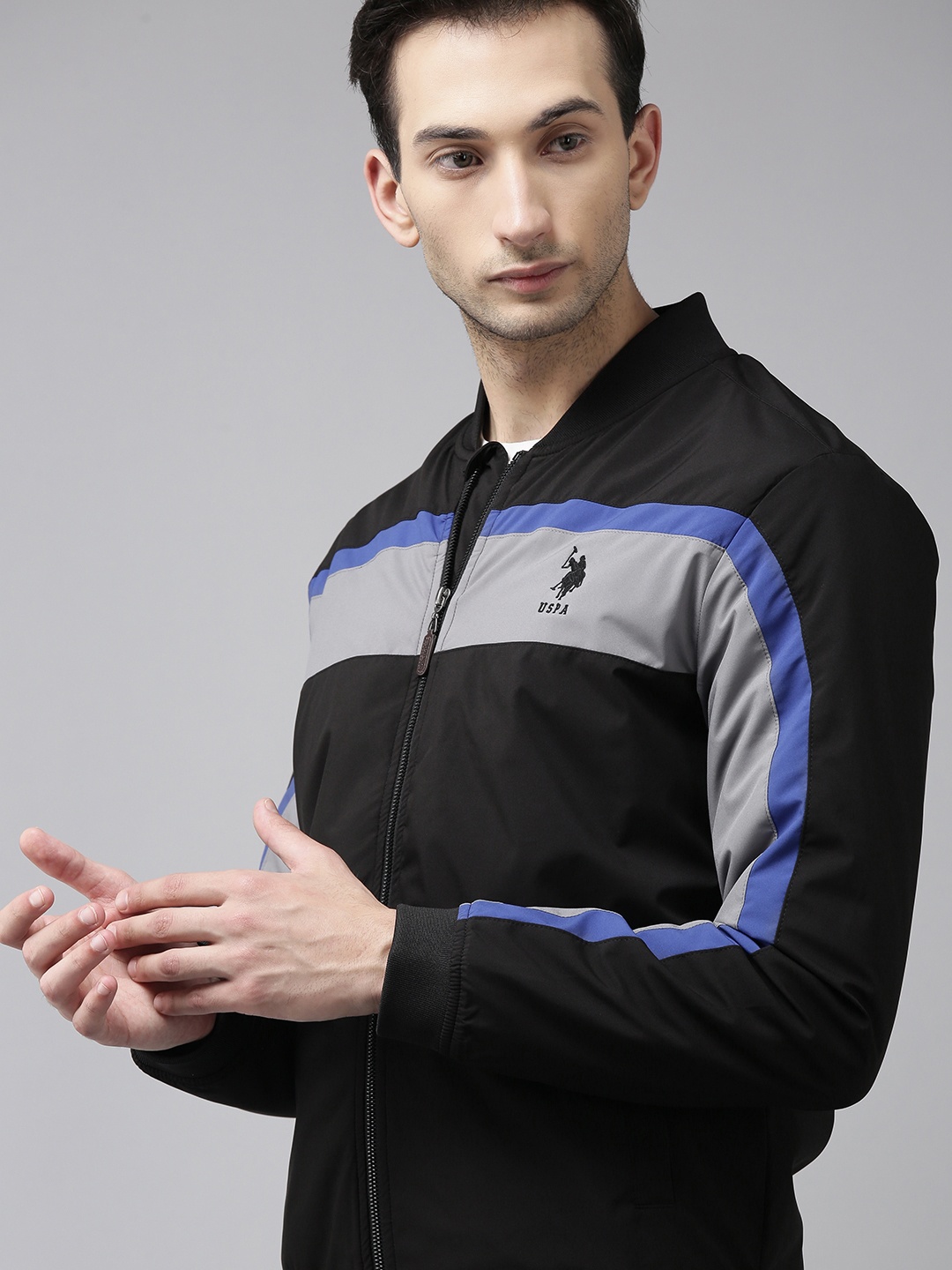 

U S Polo Assn Men Black Colourblocked Cut And Sew Bomber Jacket