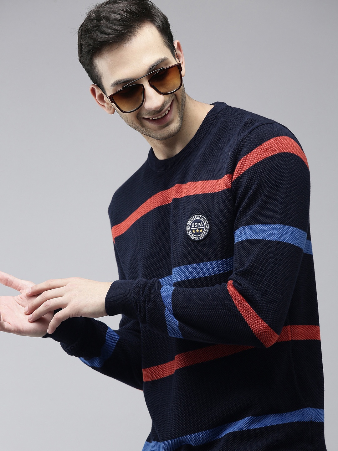 

U S Polo Assn Men Navy Blue & Red Striped Pullover Sweater