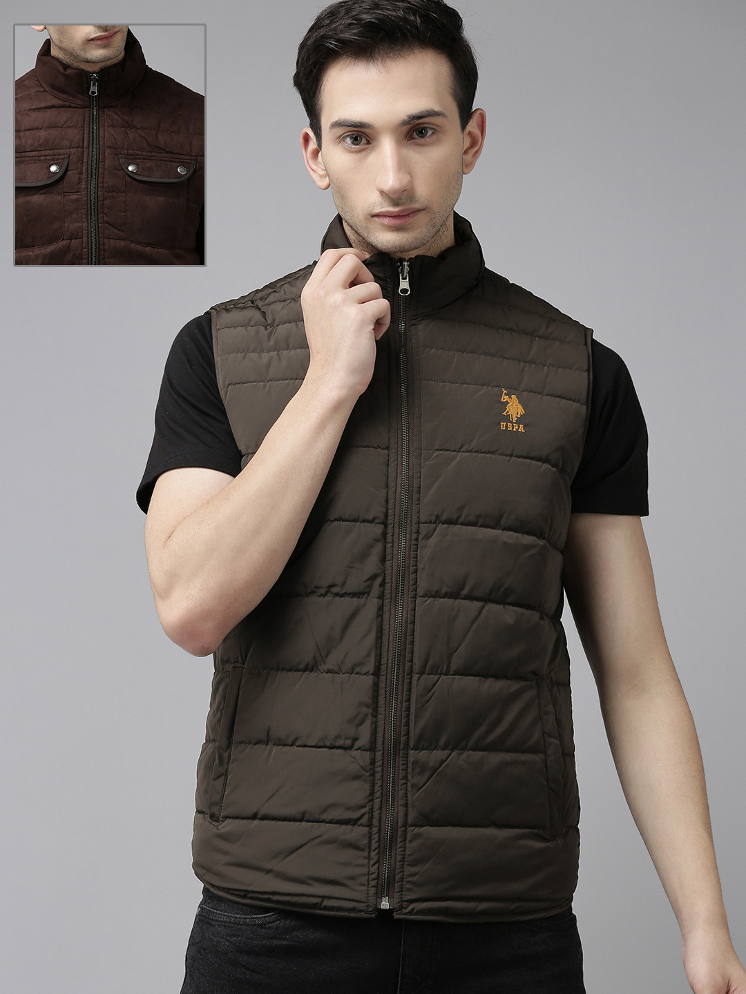 

U S Polo Assn Men Brown And Maroon Solid Reversible Sleeveless Padded Jacket
