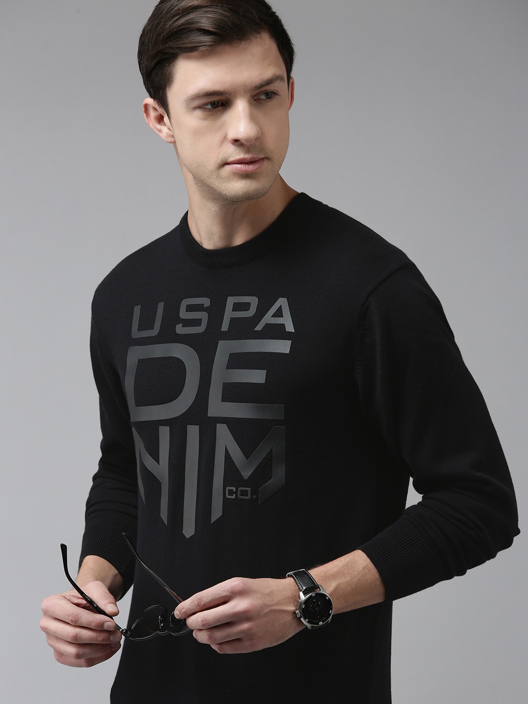 

U S Polo Assn Denim Co Men Black Brand Logo Printed Pure Cotton Pullover