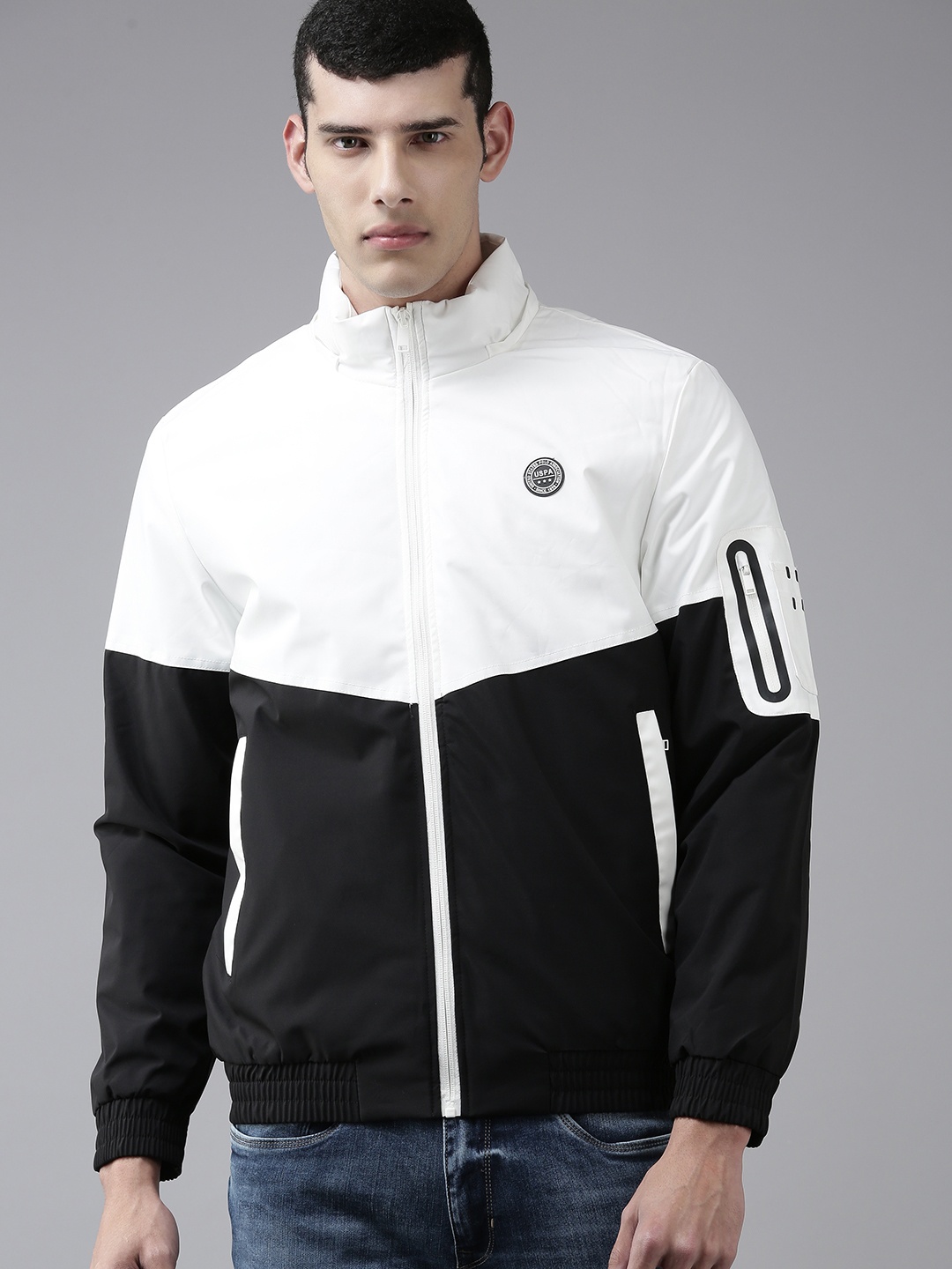 

U S Polo Assn Men White & Black Colourblocked Bomber Jacket