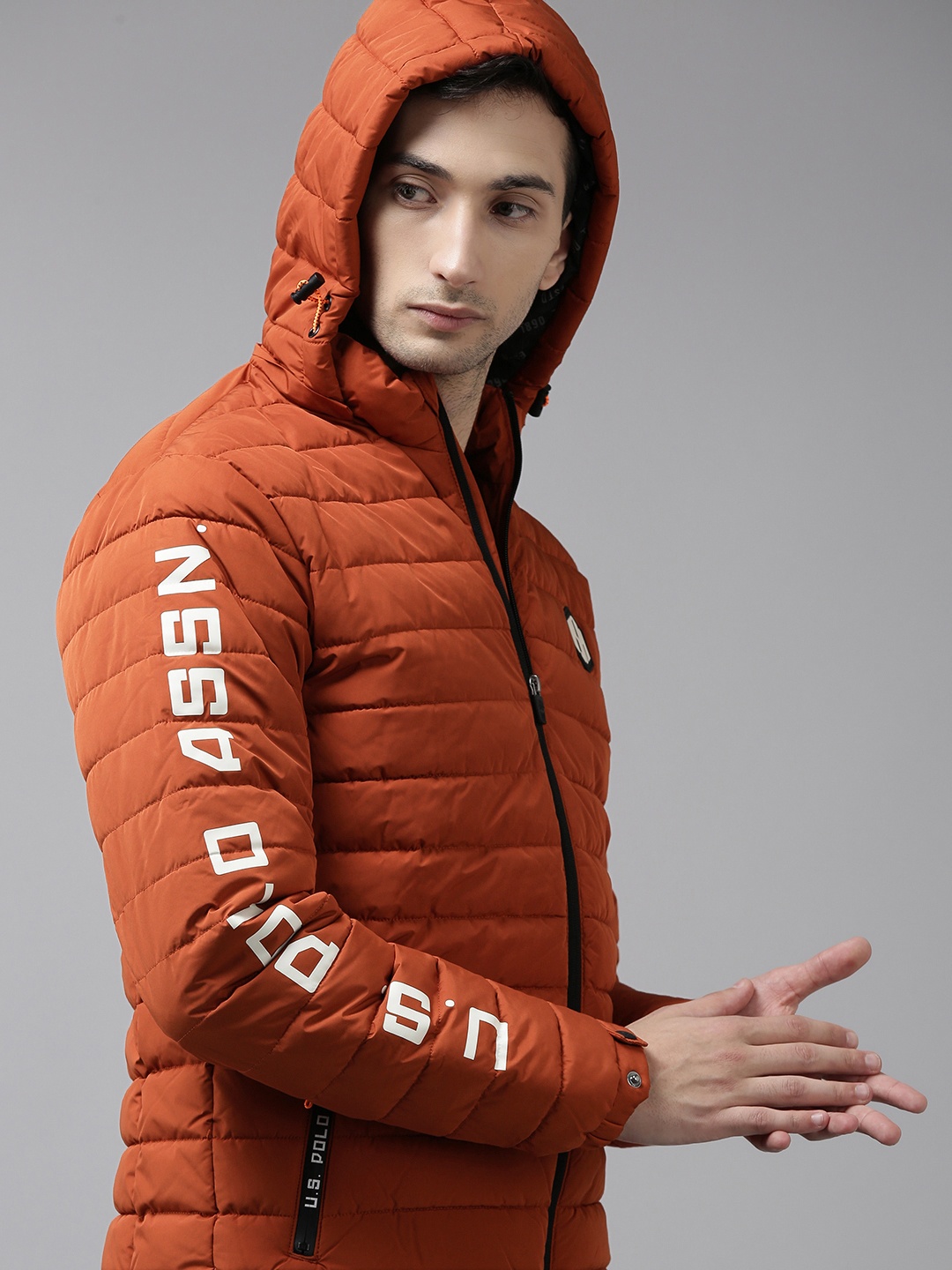 

U S Polo Assn Denim Co Men Rust Orange Printed Sleeve Puffer Jacket