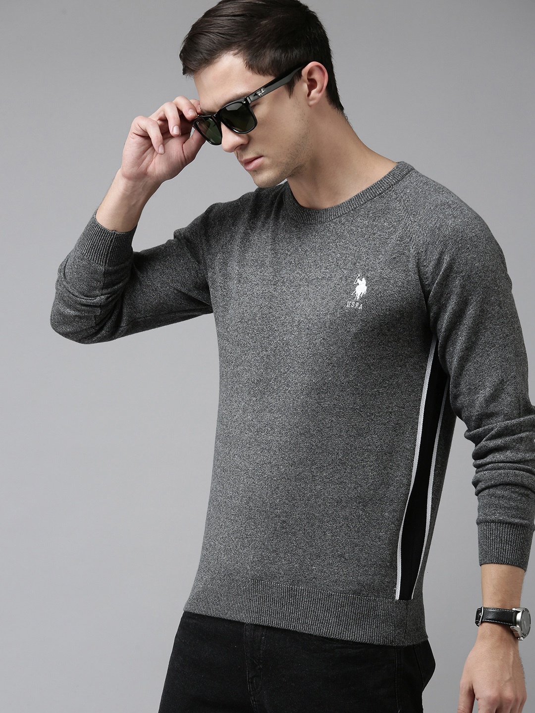 

U S Polo Assn Men Grey Solid Round Neck Pure Cotton Pullover Sweater