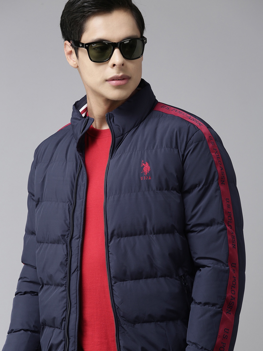 

U S Polo Assn Men Navy Blue Brand Logo Windcheater and Water Resistant Puffer Jacket
