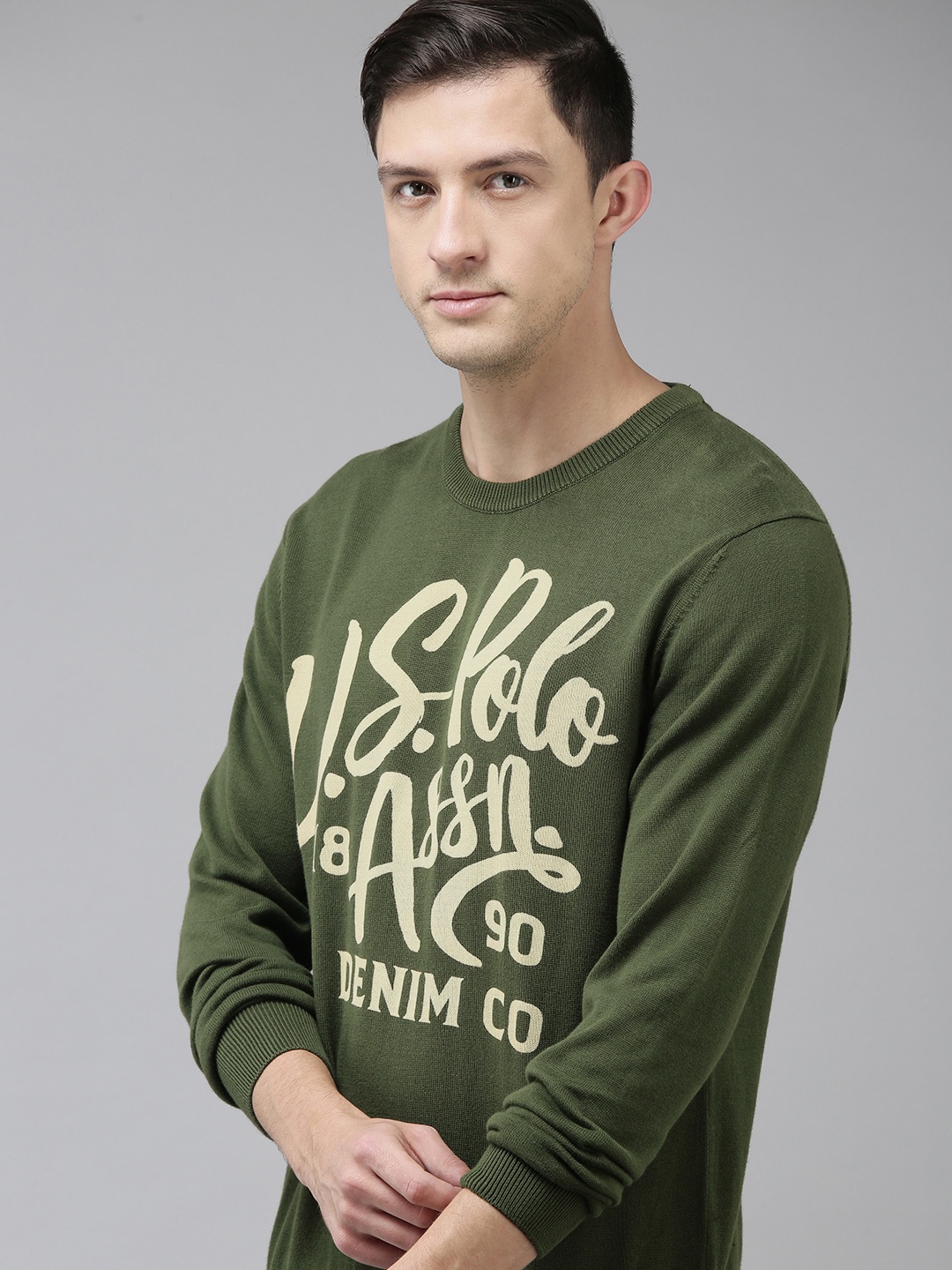 

U S Polo Assn Denim Co Men Olive Green & White Typography Printed Pullover Sweater