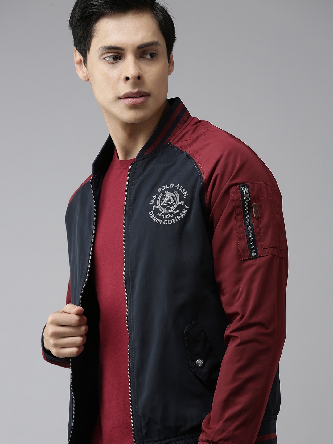 

U S Polo Assn Denim Co Men Navy Blue & Maroon Brand Logo Biker Jacket