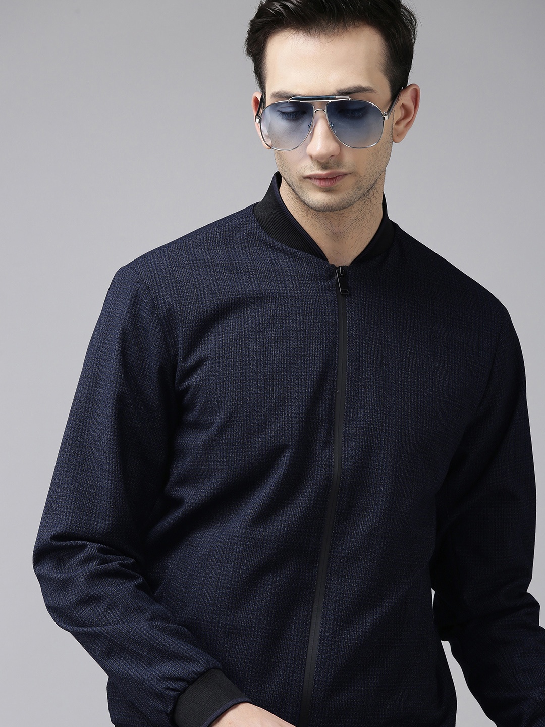 

U S Polo Assn Men Navy Blue Yarn Dyed Checked Bomber Jacket