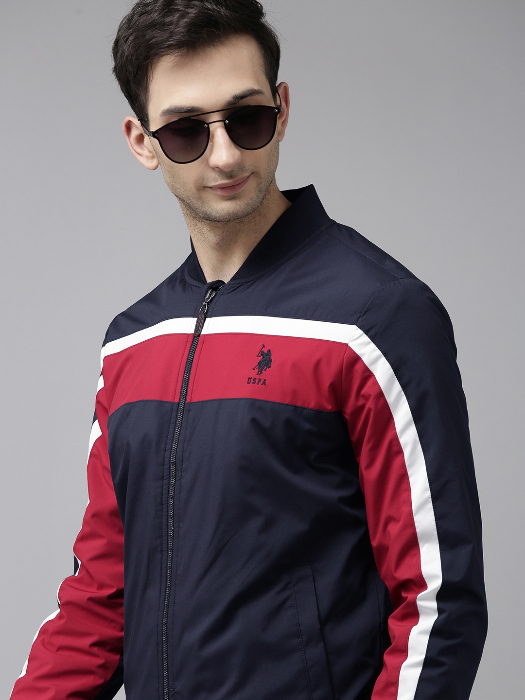 

U S Polo Assn Men Navy Blue & Red Striped Bomber Jacket