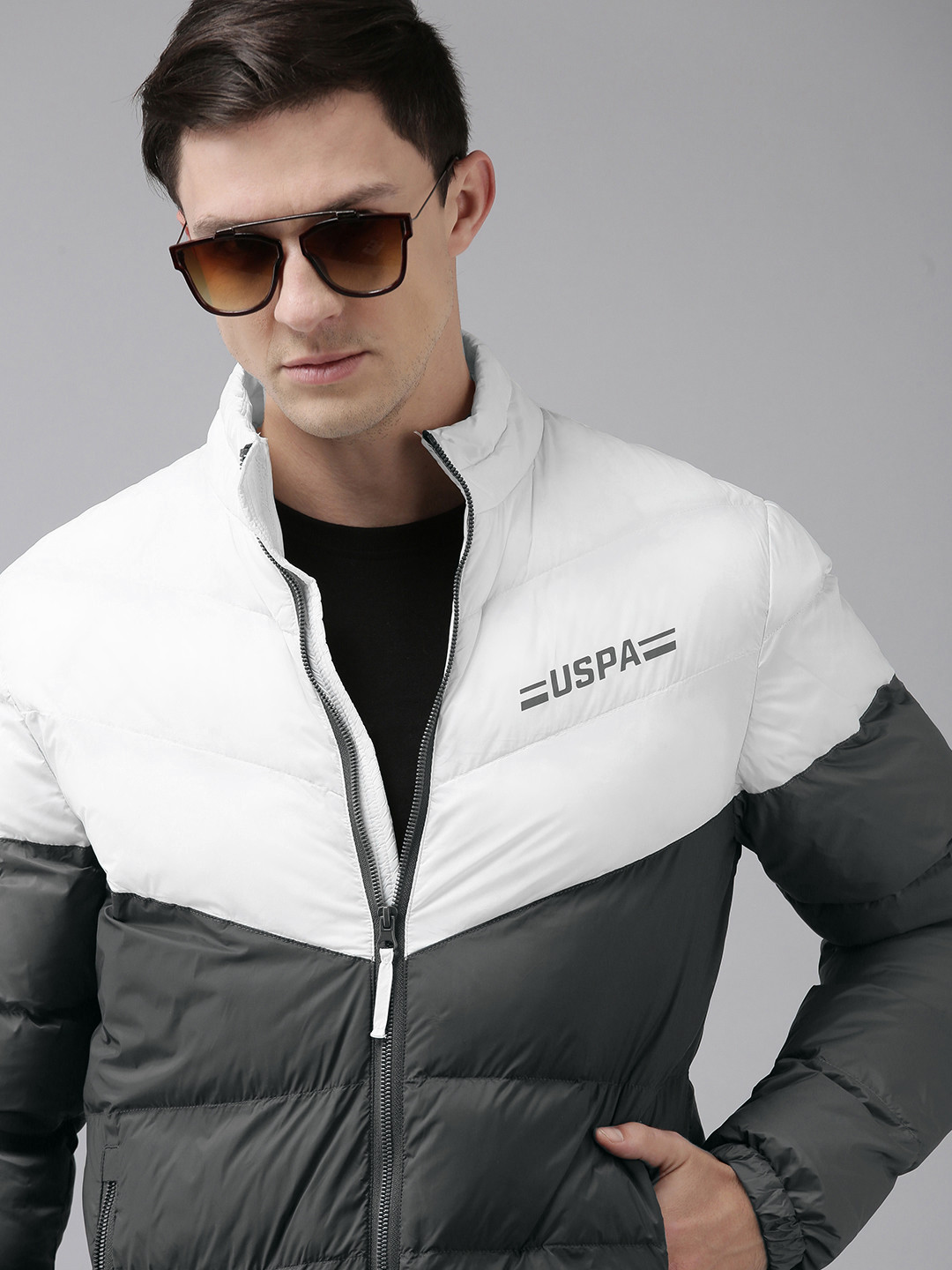 

U S Polo Assn Men White & Grey Colourblocked Puffer Jacket