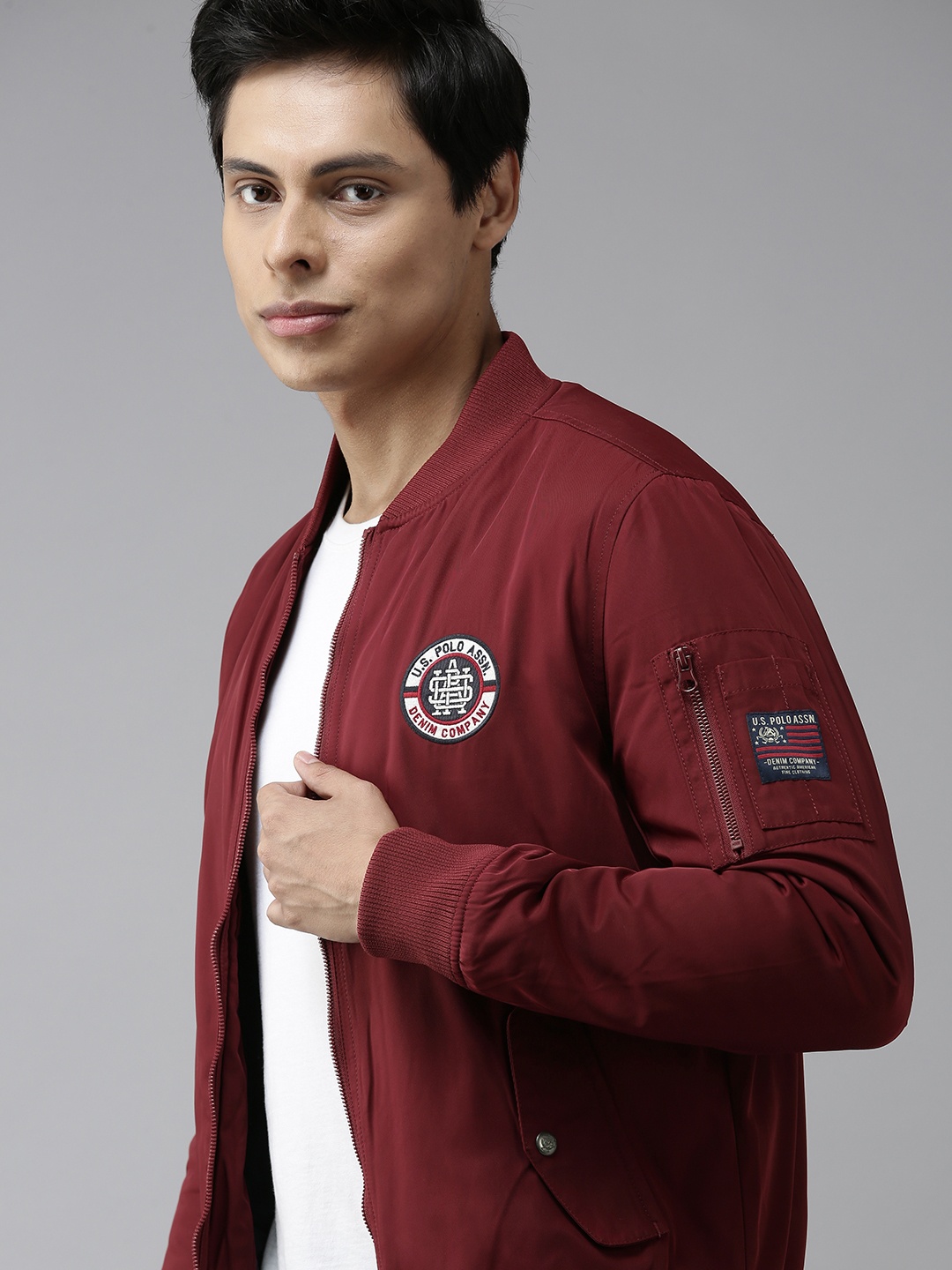 

U S Polo Assn Denim Co Men Maroon Brand Logo Bomber Jacket