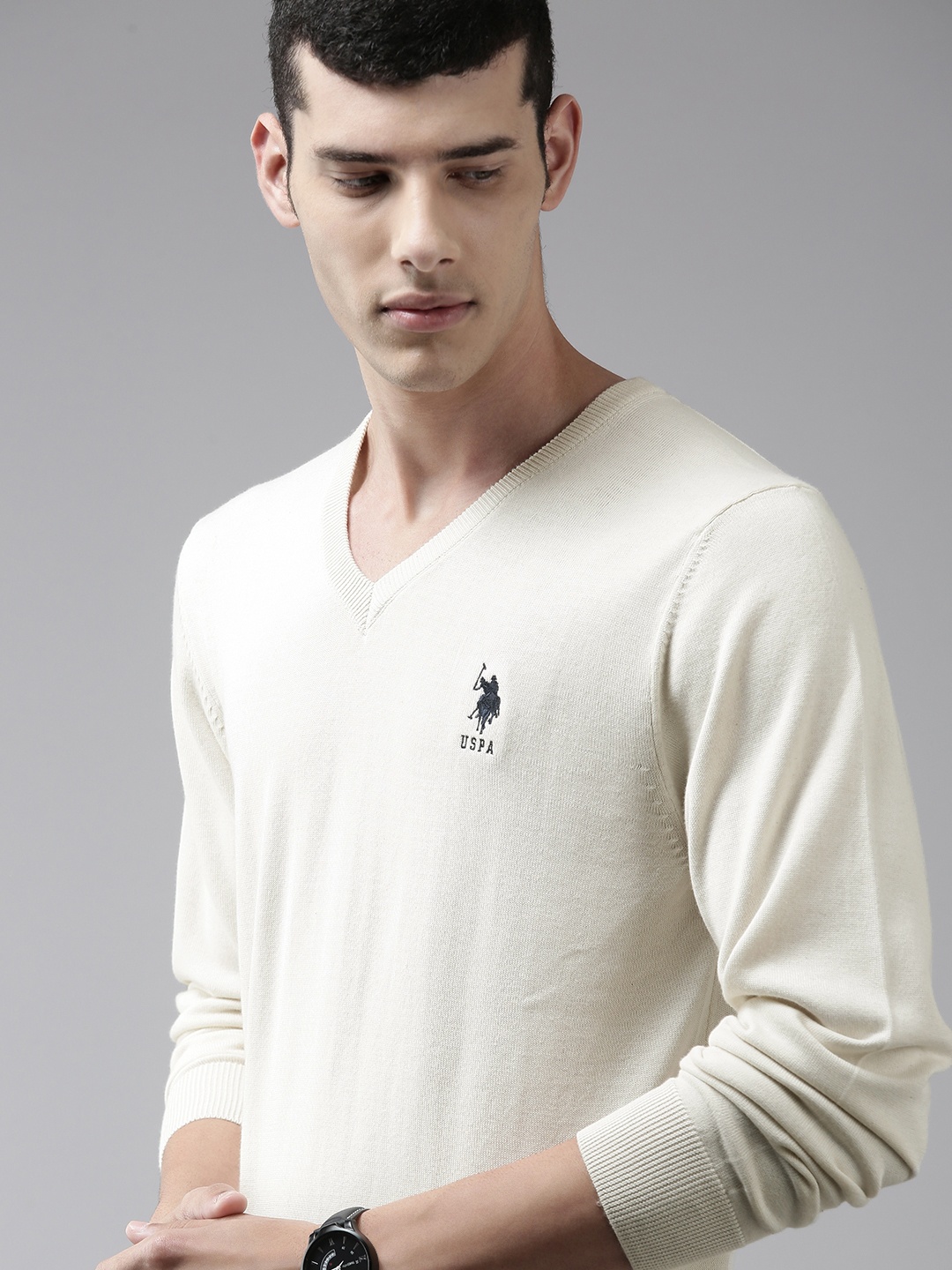 

U S Polo Assn Men White Barnd Logo Embroidered Round Neck Pullover Sweater