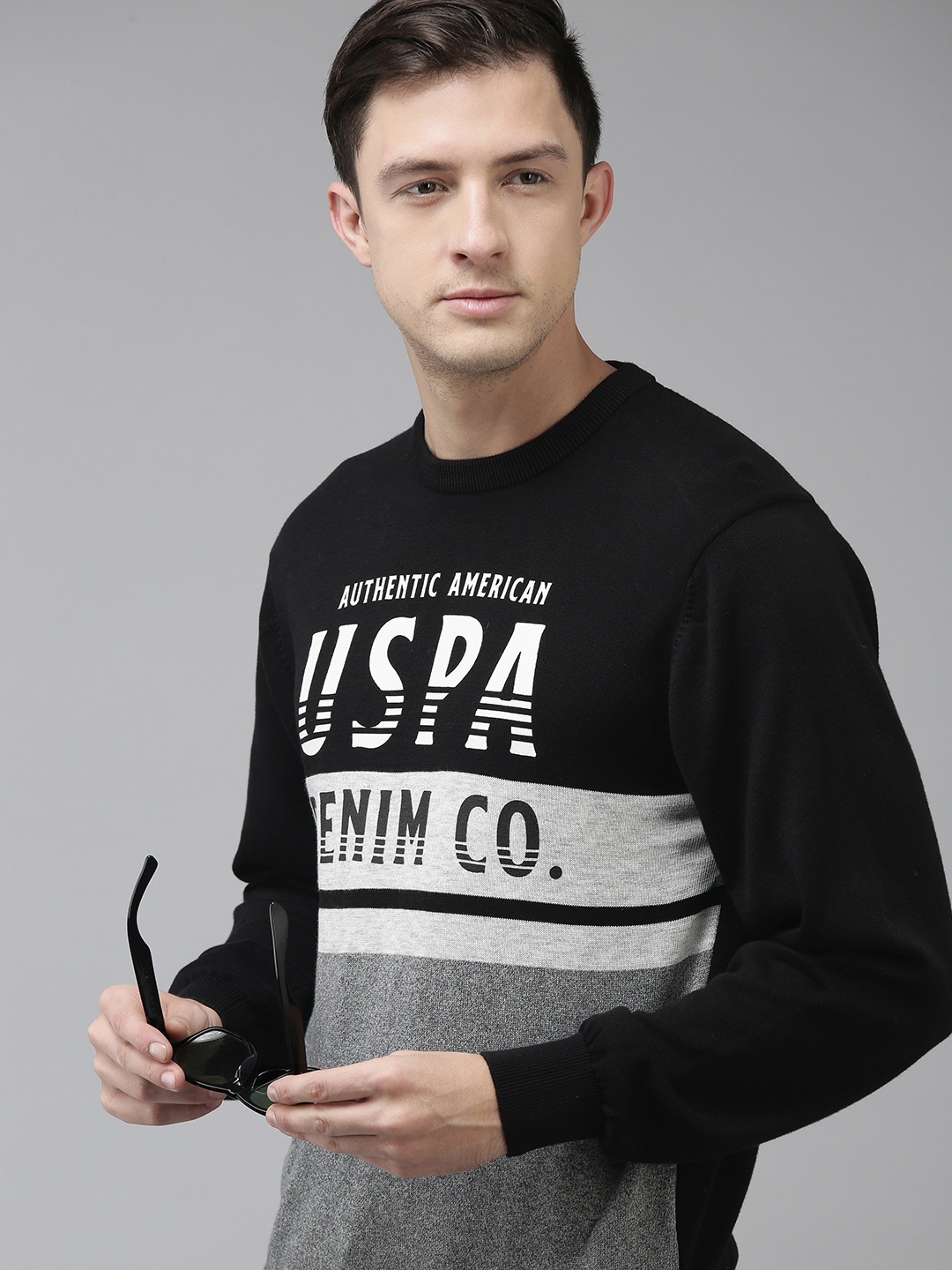 

U S Polo Assn Denim Co Men Black & Grey Colourblocked Round-Neck Pullover Sweater