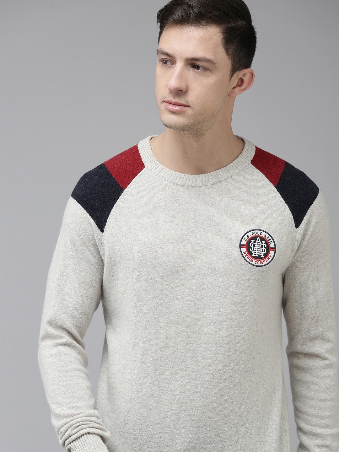 

U S Polo Assn Denim Co Men Off White Solid Pullover Sweater With Contrast Detail