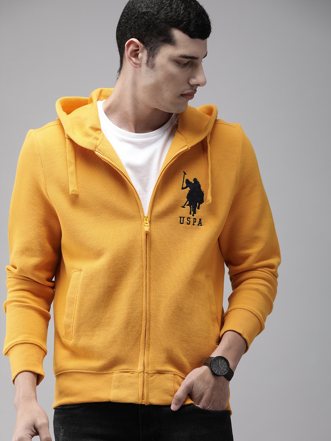 

U S Polo Assn Men Mustard Yellow Solid Hooded Sweatshirt