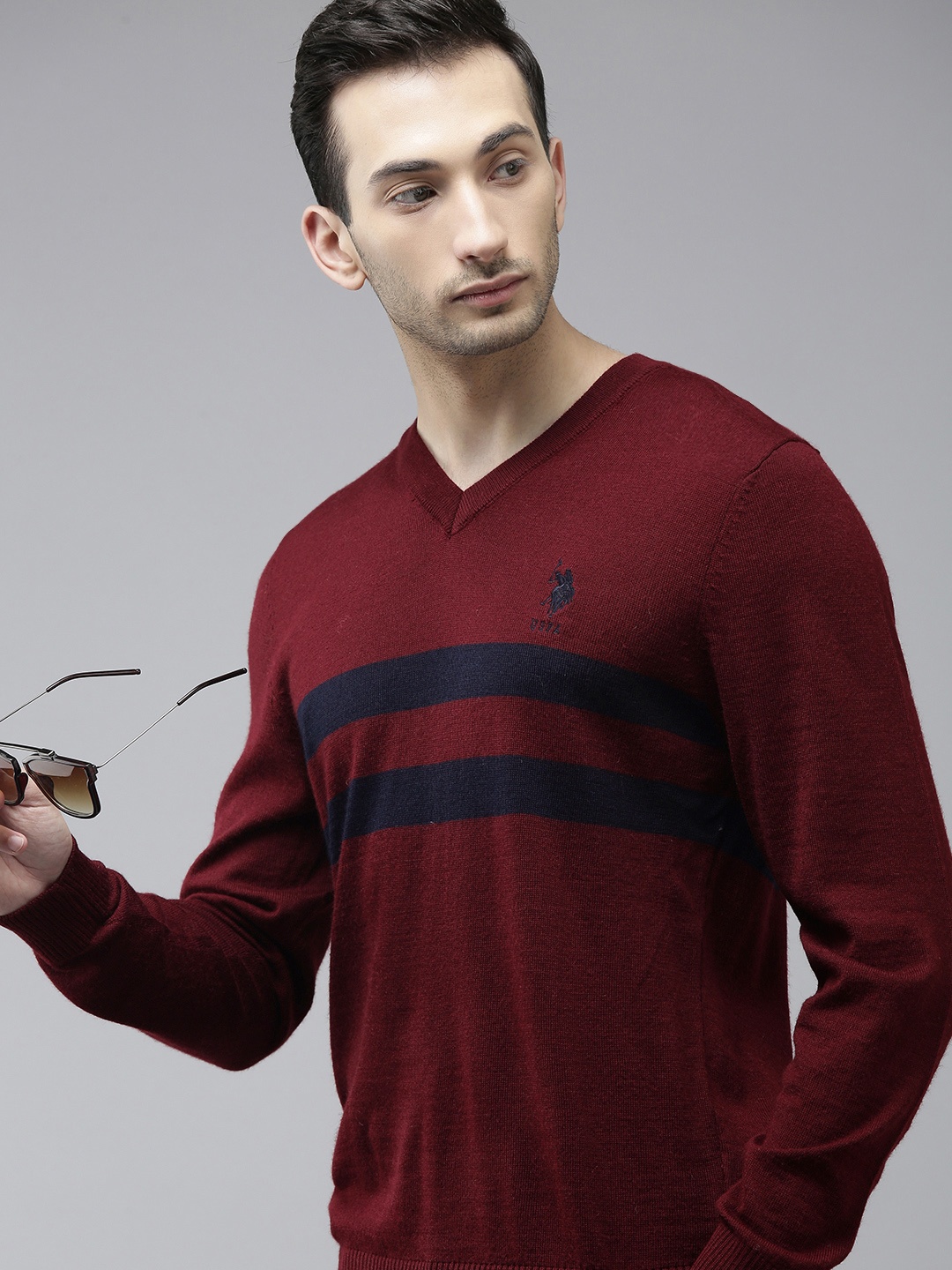 

U S Polo Assn Men Maroon & Navy Blue Striped Pullover Sweater