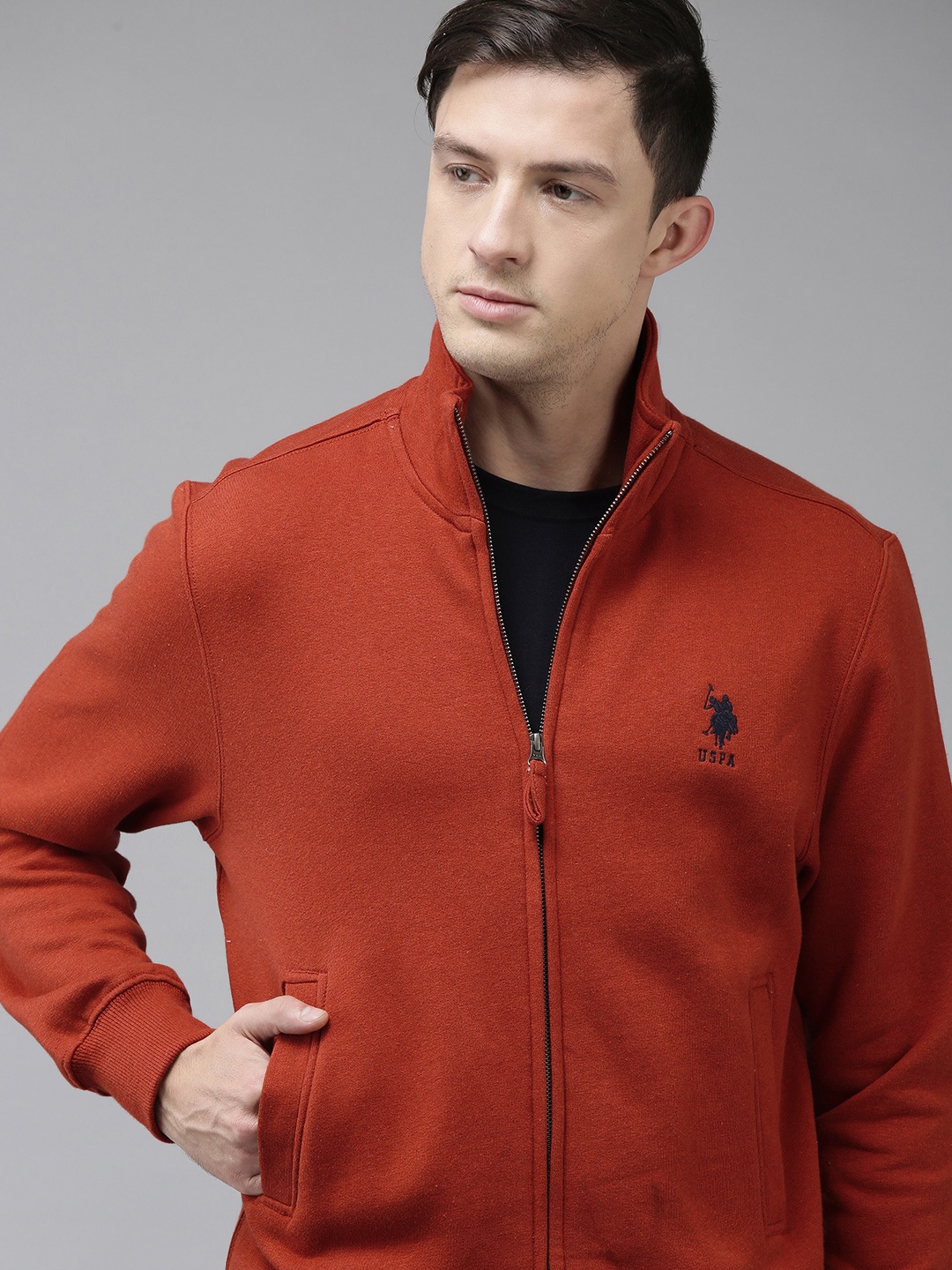 

U.S. Polo Assn. Men Rust Orange Solid Pure Cotton Sweatshirt with Logo Detail