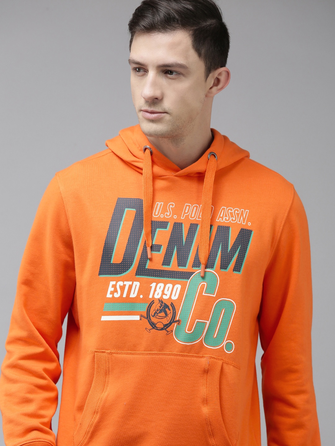 

U S Polo Assn Denim Co Men Orange Typographical Printed Hooded Sweatshirt