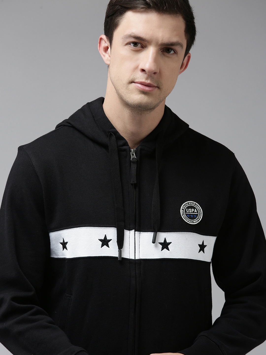 

U S Polo Assn Men Black Brand Logo Printed Pure Cotton Hooded Sweatshirt